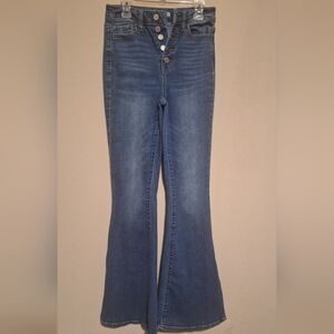 SO Women's Wide Leg Flare Jeans in Denim Blue W Ankle Side Slits Sz 3